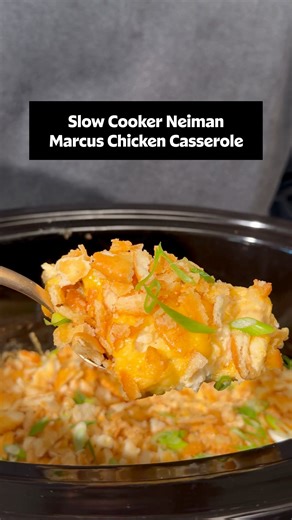 Your favorite casserole made crockpot easy! 🥘 This cheesy, creamy Slow Cooker Neiman Marcus Chicken Casserole is your simple dinner this week. Tap the link in the comments to get the recipe or keep reading. ⬇️ Ingredients: 6 slices center-cut bacon 4 cups shredded rotisserie chicken 1 (10.5 ounce) can condensed cream of chicken soup 1 cup sour cream 4 small scallions, thinly sliced, plus more for garnish 1/2 cup slivered almonds 2 teaspoons hot sauce 3 cups shredded cheddar cheese, divided 1 (3