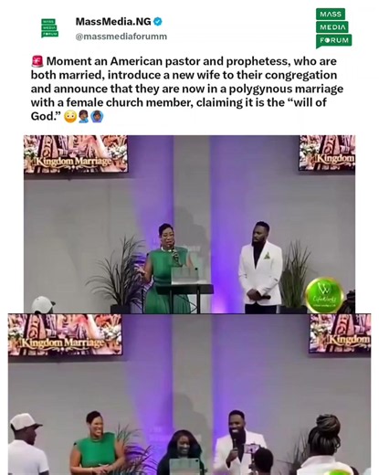 🚨 Moment an American pastor and prophetess, who are both married, introduce a new wife to their congregation and announce that they are now in a polygynous marriage with a female church member, claiming it is the “will of God.” 😳🤦🏾‍♂️🙆🏾‍♂️ #verydarkman #tiktoknaija #ghanatiktok🇬🇭 #davido #zlatanibile