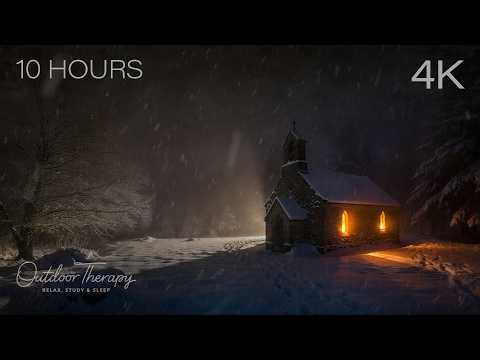 Snowfall at the Remote Stone Church | Winter Wind & Falling Snow | 10 HOURS (4K)