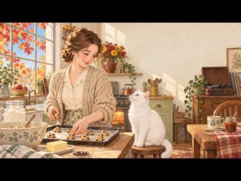 Happy Autumn Café Swing Jazz Songs 🍂 Morning Coffee, Cookie Dough & a White Cat Watching Her Bake