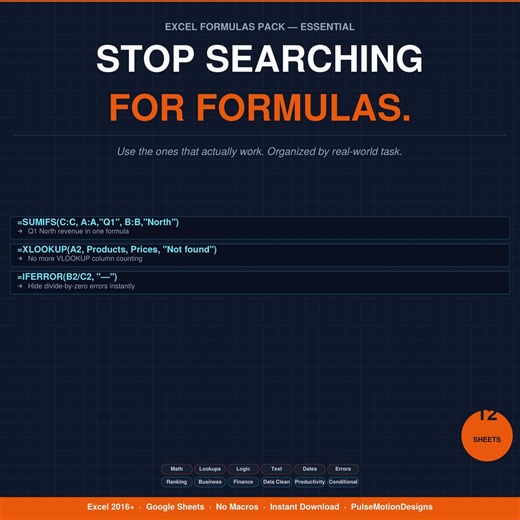Excel Formulas Cheat Sheet | 60+ Essential Functions by Real-world Task | Google Sheets Included - Etsy
