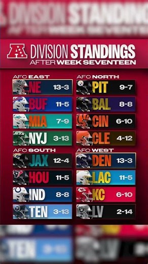 Week 17 AFC and NFC Division Standings: Only 1 Week to Go!