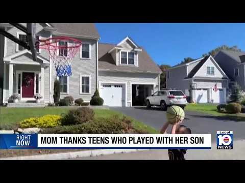Mom thanks teens who played with her son.