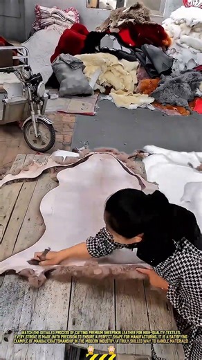 Cutting Premium Sheepskin Leather with Precision Tools for High-Quality Textiles