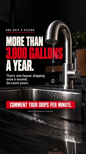 One faucet. One drip a second. The EPA says that's more than 3,000 gallons a year. It's usually not the faucet. It's a small part inside it: a washer or a cartridge. Short job, if you match the part instead of guessing. Go count your drips for one minute and comment the number. Source: EPA WaterSense, Fix a Leak Week. #plumbing #plumber #plumbertok #homeowner #homerepair