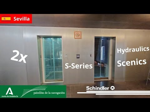 Two scenics Schindler S-Series Hydraulic elevators @ Pabellón de la Navegación, Sevilla, Spain