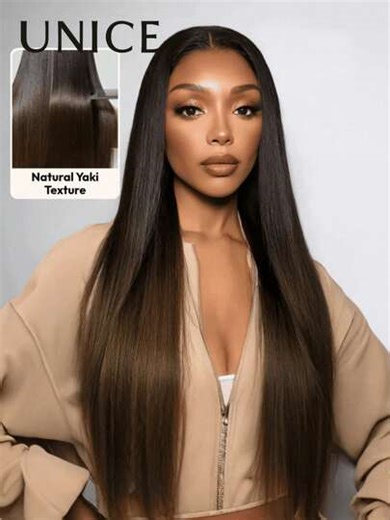 13x4 Pre-Cut, Pre-Bleached, Pre-Trimmed Black Roots To Chestnut Brown Ombre Yaki Straight Lace Front Wig With Drawstring, Suitable For All Head Shapes, Transparent Hairline, 100% Human Hair, Can Be Dyed, Unice Hair | SHEIN