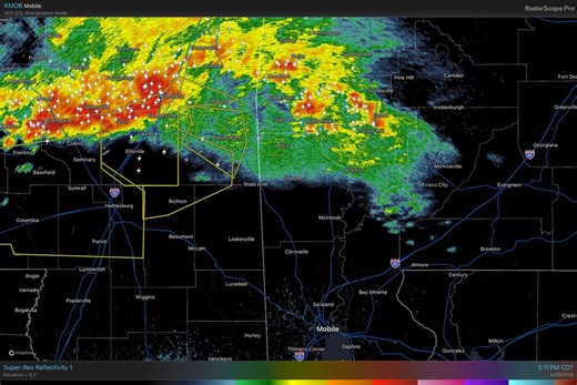 A band of thunderstorms with strong winds will be moving into Washington County in SW Alabama soon… radar suggests winds are over 50 mph with the storm now.