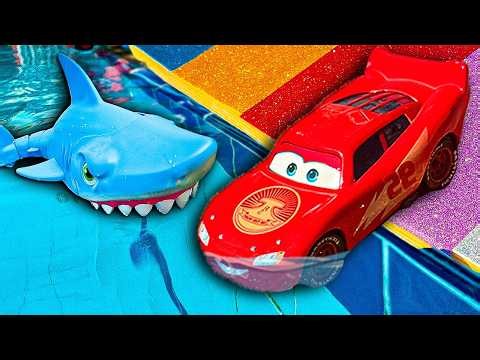 Disney Pixar Cars falling into deep pool, Lightning McQueen, Tow Mater, Mack, Sally, Francesco