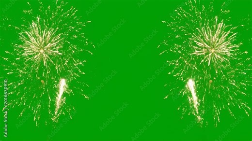 Golden fireworks display exploding on a green screen background for video editing use