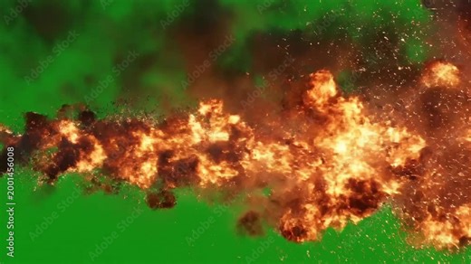 Dynamic fiery explosion with dark smoke and bright sparks bursting on a chroma key green screen, ideal for cinematic VFX overlays.