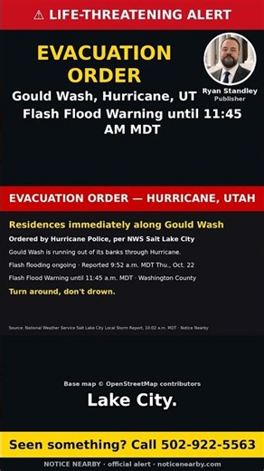 Evacuation order along Gould Wash, Hurricane UT — Flash Flood Warning