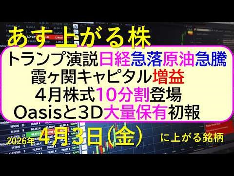 トランプ演説で日経急落、原油急騰。霞ヶ関キャピタル増益。４月、株式１０分割。Oasisと3D大量保有～あす上がる株 2026年４月１日（水）に上がる銘柄。最新の日本株情報。高配当株の株価やデイトレ情報