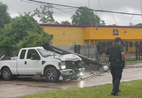 Truck Knocks Down Power Pole and Transformer During Stormy Weather in Houston