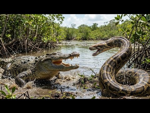 A Giant Python and a Crocodile Clash in a Swamp| Wild Predator hunting