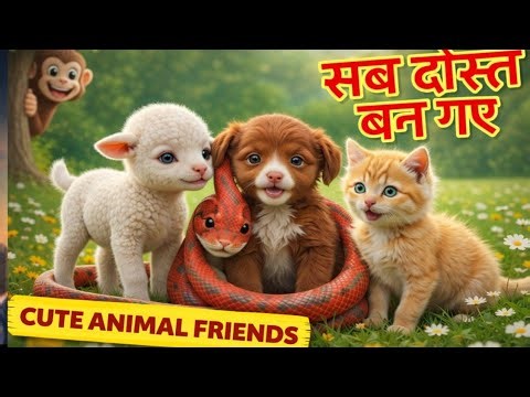 Red Python and orange kitten with their friend enjoying on the field