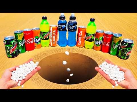 Experimant !! Cola Mointain dew Powerade Fanta Sprite Redbull Energy And Mentos Underground