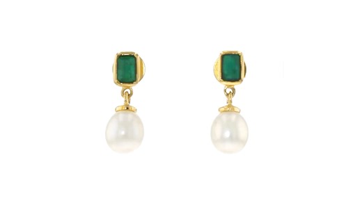 1.30 ct. t.w. Emerald and 8.5-9mm Cultured Pearl Drop Earrings in 18kt Gold Over Sterling