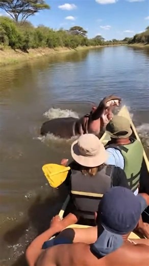 Terrifying Hippo Attack Caught on Camera Zambezi River, Zimbabwe — September 29, 2025 A serene afternoon on the river quickly turned into a fight for survival when a massive hippopotamus lunged at a small boat carrying tourists. The group, who were participating in a guided river safari, found themselves inches away from one of the continent's most dangerous animals. The dramatic video shows the hippo lurking just beneath the surface before suddenly charging with its mouth wide open. As the anim