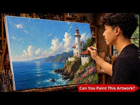 🎨 Can You Paint This Stunning Lighthouse by the Sea? Easy Acrylic Tutorial for Beginners | #091