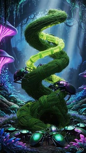 Iridescent six-legged aliens grow a glowing spiral home in a misty jungle with bioluminescent flora.