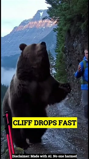 Grizzly Bear stalks a hiker on a cliffside trail as the drop gets closer with every step