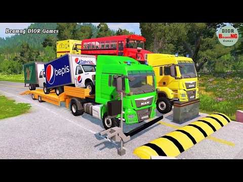 Double Flatbed Trailer Truck vs speed bumps|Busses vs speed bumps|Beamng Drive|1460