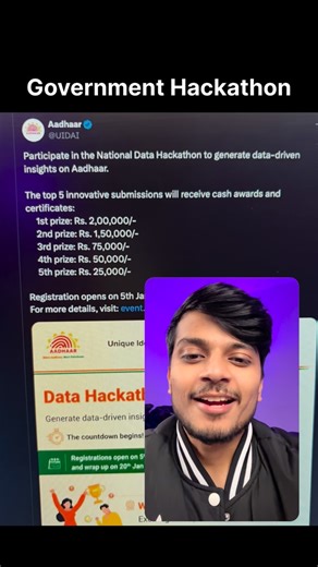 Kartik Rai on Instagram: "UIDAI Data Hackathon 2026: Innovate for Aadhaar Official Challenge by UIDAI & NIC Ready to solve real-world challenges using data? 🇮🇳💻 The Unique Identification Authority of India (UIDAI), in association with NIC and MeitY, invites students to the Online Hackathon on Data-Driven Innovation for Aadhaar. THE CHALLENGE: Analyze anonymized Aadhaar datasets to identify patterns, trends, and anomalies. Your goal? Create frameworks that support informed decision-making and 
