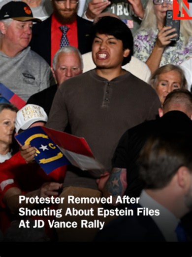 A protester shouting about the #Epsteinfiles was removed by security during Vice President JD Vance’s rally in #NorthCarolina, and Vance responded with a joke about illegal border crossings. #news #Newsweek #politics