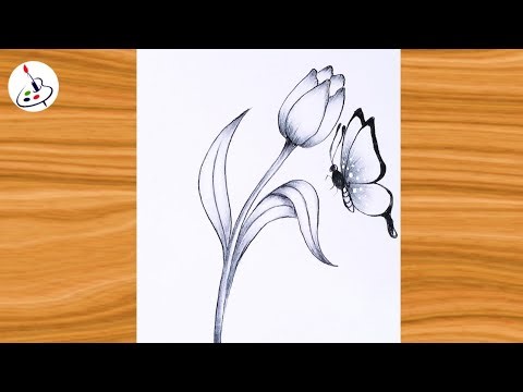 How to draw a Butterfly on Flower 🎨🌟||Tulip Drawing step by step||Easy Drawing ideas for Beginners