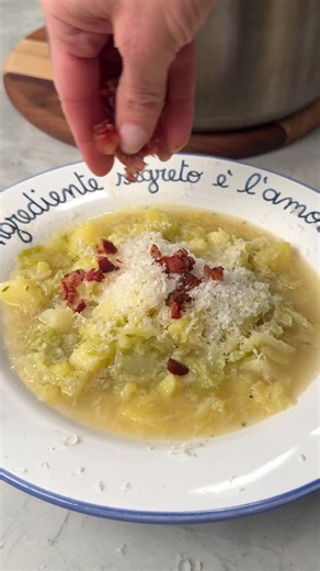 SAVE my LOW-CARB DETOX HOLIDAY CABBAGE SOUP for a gentle and delicious reset! RECIPE BELOW Ingredients: -2 to 3 ounces of pancetta or bacon, diced. -2 tbsp extra virgin olive oil -1 sweet yellow onion -1 tsp salt -pepper to taste -2 medium-sized Yukon gold potatoes, peeled & diced -1 head of savoy cabbage, cored and torn or shredded into small pieces -12 cups low-sodium chicken broth -2 tbsp white miso paste -Grated Parmigiano Reggiano Add the pancetta to a large stock pot and heat over medium-l