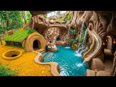 180 Days Building Underground Cave House with Spiral Slide Into Turquoise Pool Using Primitive Tools