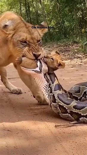 A terrifying moment... the cub almost swallowed by a python