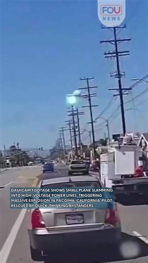 Apr 21, 2026 A dashboard camera footage from Pacoima, California shows the terrifying instant a small plane strikes high-voltage power lines, triggering a massive explosion. Driving along a busy street lined with utility poles on a bright sunny day, the camera captures the aircraft suddenly appearing in the sky. It clips the power lines, causing a brilliant flash of light, sparks, and a fiery blast that lights up the entire scene. The plane is then seen losing control and crashing down toward th