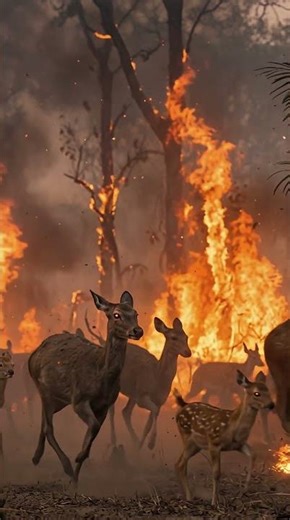 a raging forest fire spreading through a dry jungle at sunset, flames and thick smoke everywhere.