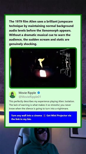 The 1979 film Alien uses a brilliant jumpscare technique by maintaining normal background audio leve