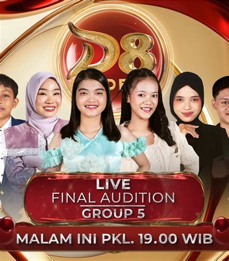 SIAPAKAH YANG AKAN LOLOS MALAM INI? 🌟🔥 Persaingan di panggung D'Academy 8: Final Audition Group 5 dipastikan bakal sengit dan penuh emosi! Enam peserta berbakat siap bertarung habis-habisan demi memperebutkan predikat sebagai Academia: ✨ Azzio (Deli Serdang) ✨ Bhita (Pangkal Pinang) ✨ Fitri (Makassar) ✨ Kira (Bandung) ✨ Naela (Banyumas) ✨ Tazir (Langkat) Dipandu oleh host kesayangan dan dinilai langsung oleh juri-juri spektakuler, malam ini juga akan semakin meriah dengan kehadiran para alumni