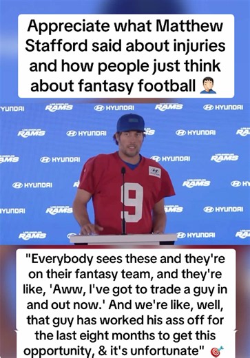 Great perspective on player injuries by Matthew Stafford here. Guys have families, this is their livelihood. All due respect, but fantasy football is irrelevant to the conversation when it comes to player health and safety. #matthewstafford #mattstafford #stafford #rams #larams (📹 @Los Angeles Rams )