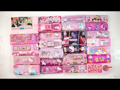 pink cute unicorn stationery collection 🤩 geometry, hello kitty, pencil box,sharpener,eraser,unicorn