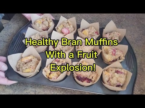 Healthy, homemade, bran, fruit explosion muffins 