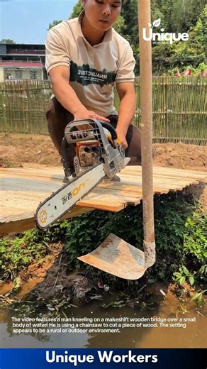 Man Cuts Wood on Makeshift Bridge with Chainsaw
