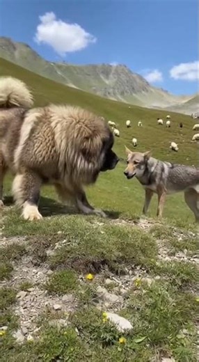 The Caucasian Shepherd Dog grabs a wolf with an iron grip and protects a flock of sheep