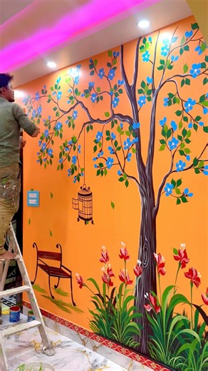 New wall painting Flowers 🌸3d design #shorts #trending #painting