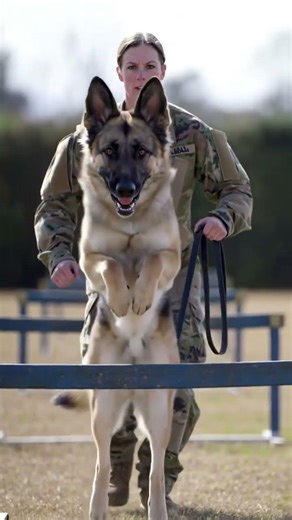 A training montage of a military dog jumping obstacles, detecting hidden objects, and running ...