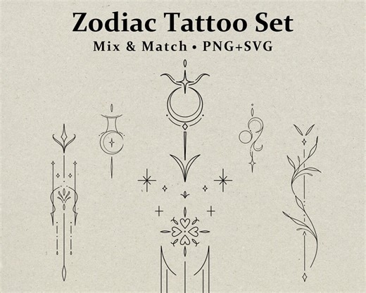 Celestial Zodiac Tattoo Set | Fine Line Minimal Tattoo Designs PNG SVG - Etsy
