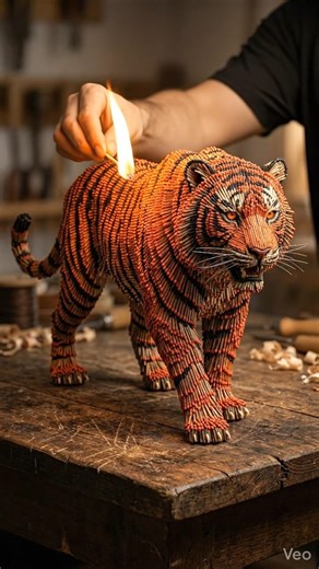 😱10M+ Matchsticks Tiger Goes Up in Flames 🔥#viralart #fireasmr #matchstickart