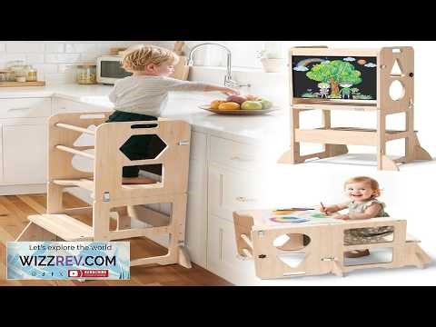 4 in 1 Toddler Kitchen Step Stool Foldable Learning Standing Tower with Blackboard Wooden