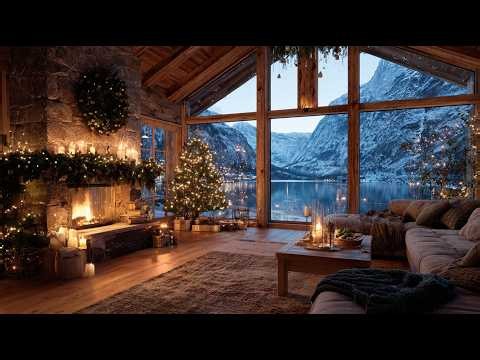 Peaceful Winter Cabin by the Frozen Lake | Fireplace Sounds & Falling Snow ❄️ 4K