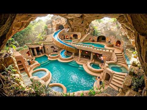 200 Days Building Underground Cave Water Park with Spiral Slide and Hot Pools Using Primitive Tools