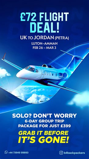 Jimson chittilappilly paul on Instagram: "🚨 £72 FLIGHT ALERT – JORDAN 🇯🇴 ✈️ London ➡️ Amman | Petra awaits! വെറും ഈ വിസ മതി ജോർദാൻ കാണാൻ 🇯🇴 ഒറ്റക്കാണേ? ഞങ്ങളുടെ കൂടെ കൂടിക്കോ 🤍 🔥 Luton–Amman 📅 Feb 26 – Mar 3 💸 Flight from £72 only Solo travelers welcome! Join our 6-Day Strangers Group Trip for just £399 🌍✨ 📲 Book now on WhatsApp: 👉 +44 7394 999893 ⏳ Seats & fares won’t last — SAVE & SHARE! B4backpacker’s February Escape to Jordan- Comfort Trip This trip is open for all: friends, fami